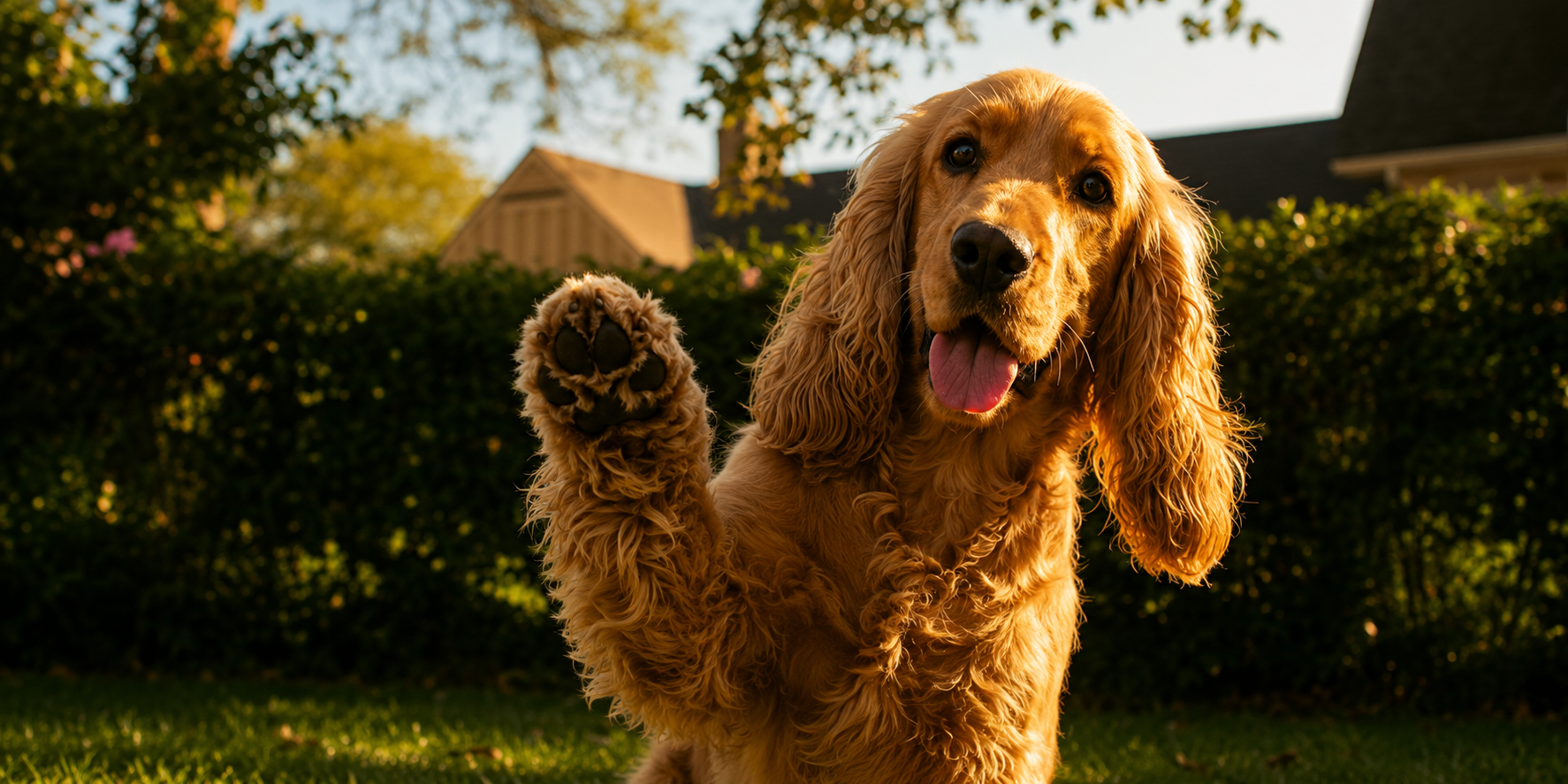 A happy dog waving a paw in the garden