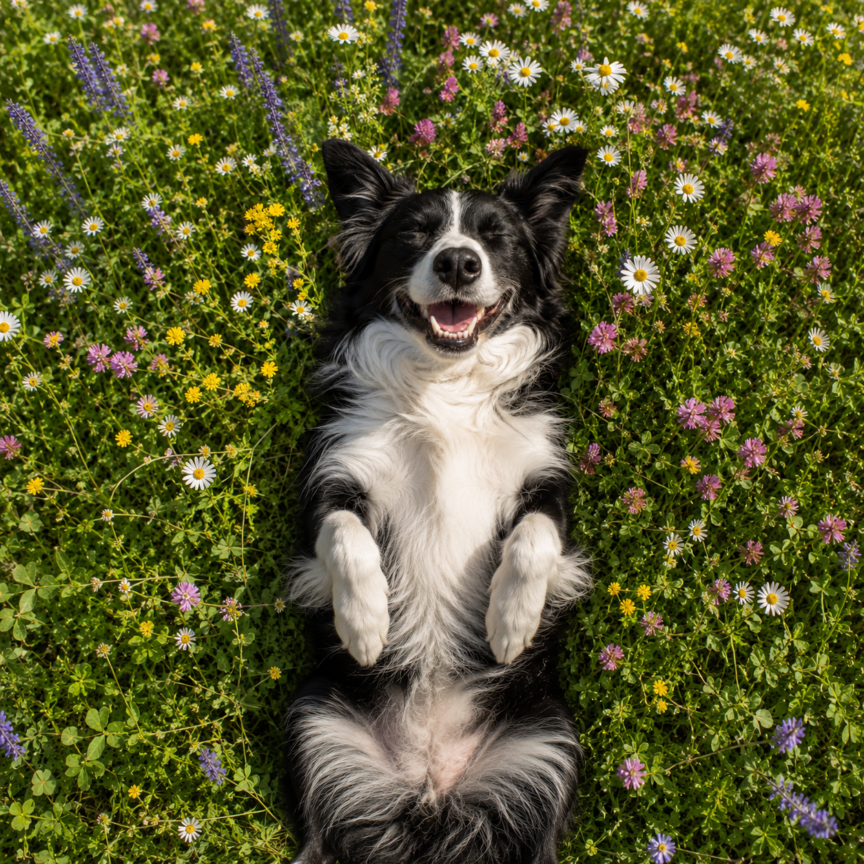 A playful black and white dog relaxing in a wildflower meadow