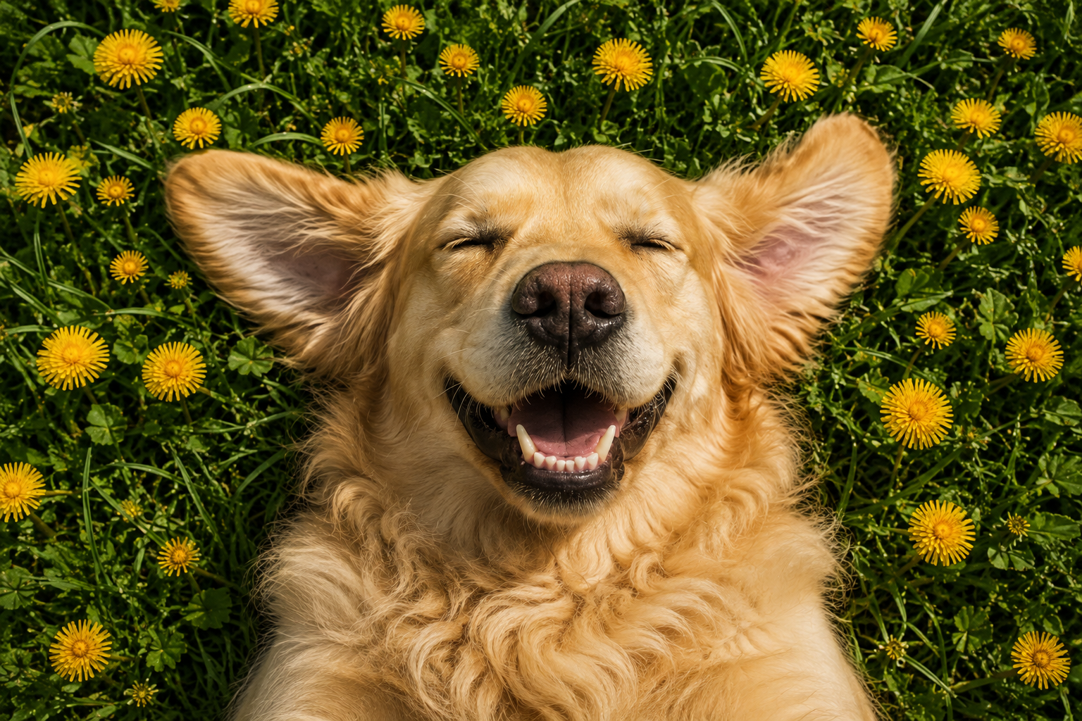 A relaxed golden retriever resting among yellow flowers