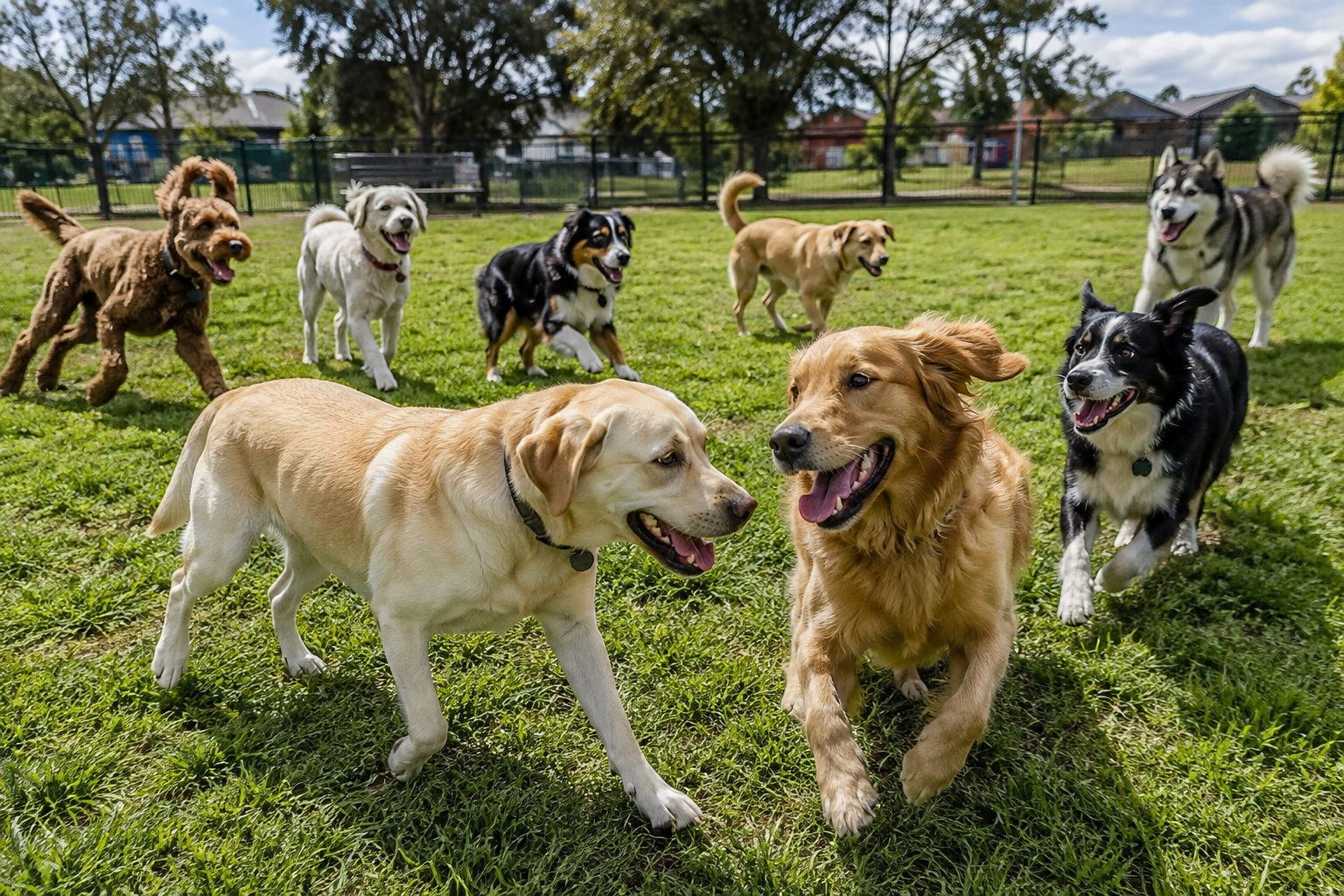 Dogs enjoying shared playtime in a large grassy yard