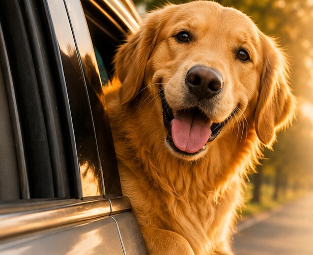 A happy golden retriever looking out of a car window on the way to their stay
